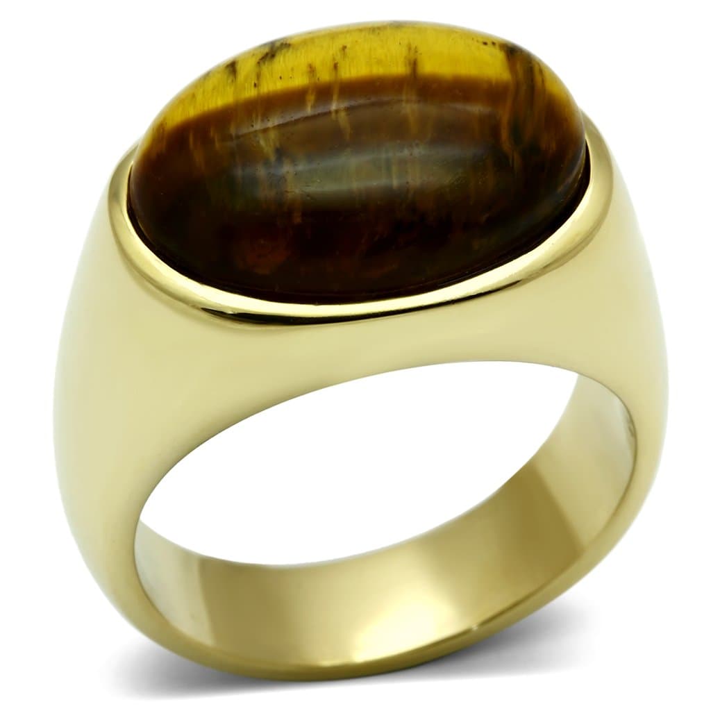 Stainless Steel Gold IP Tiger Eye Cabochon Oval Mens Signet Ring