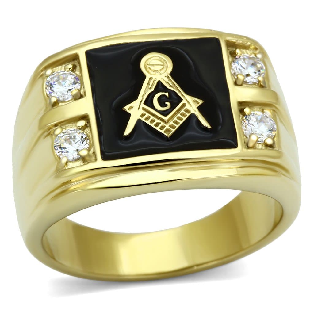 Stainless Steel Gold IP Masonic Square Compass CZ Mens Ring