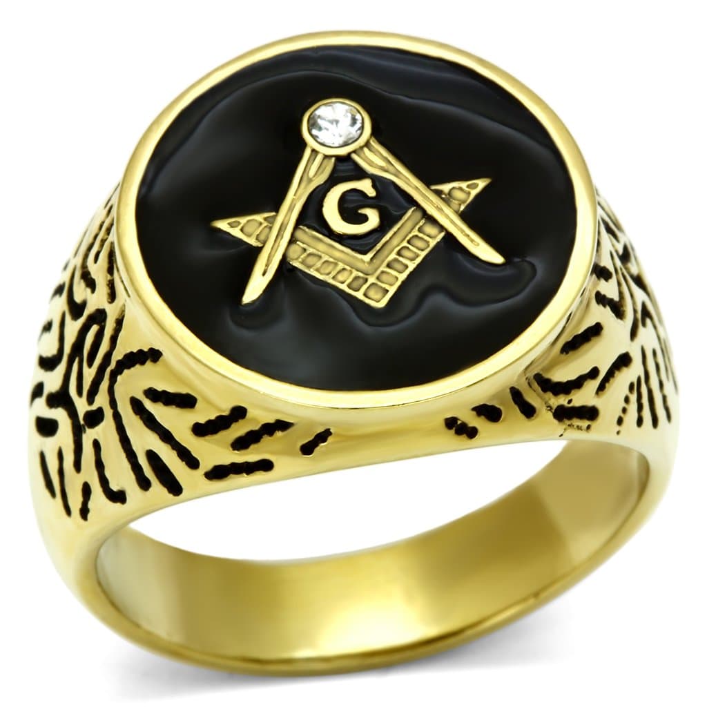 Stainless Steel Gold IP Masonic Black Enamel Round Nugget Ring