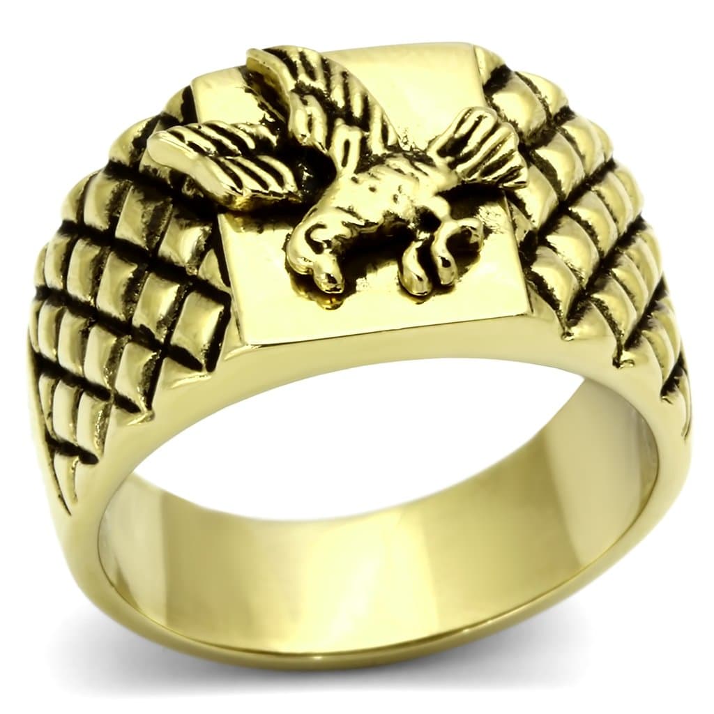 Stainless Steel Gold IP Eagle Carved Military Signet Ring