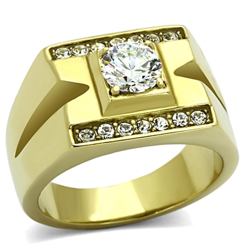 Stainless Steel Gold IP CZ Round Clear Square Channel Side Ring