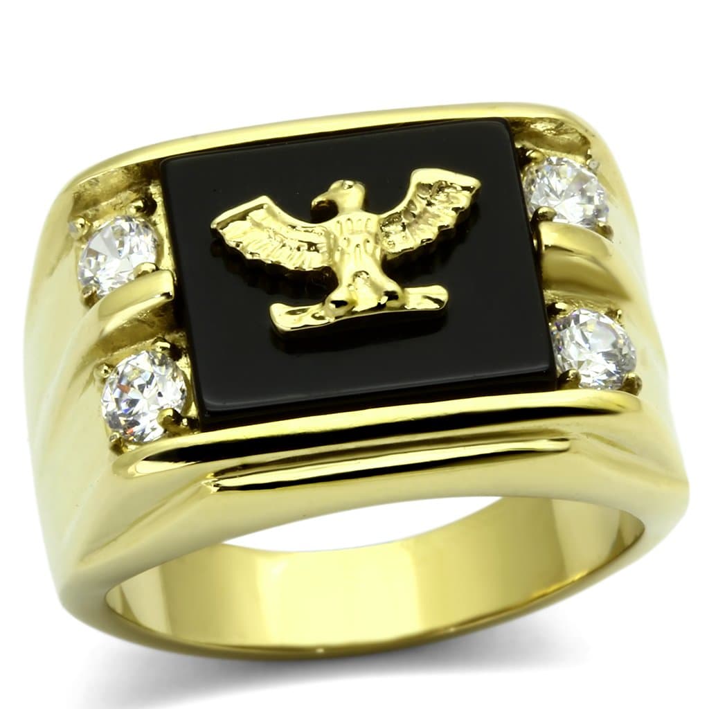 Stainless Steel Gold IP Black Onyx Eagle Military Signet Ring