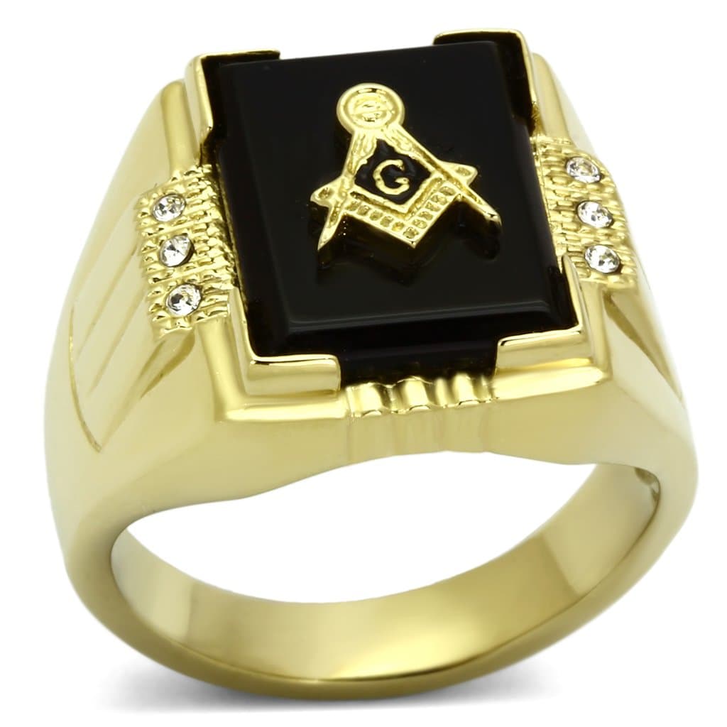 Stainless Steel Gold IP Masonic Black Onyx Rectangle CZ Mens Ring
