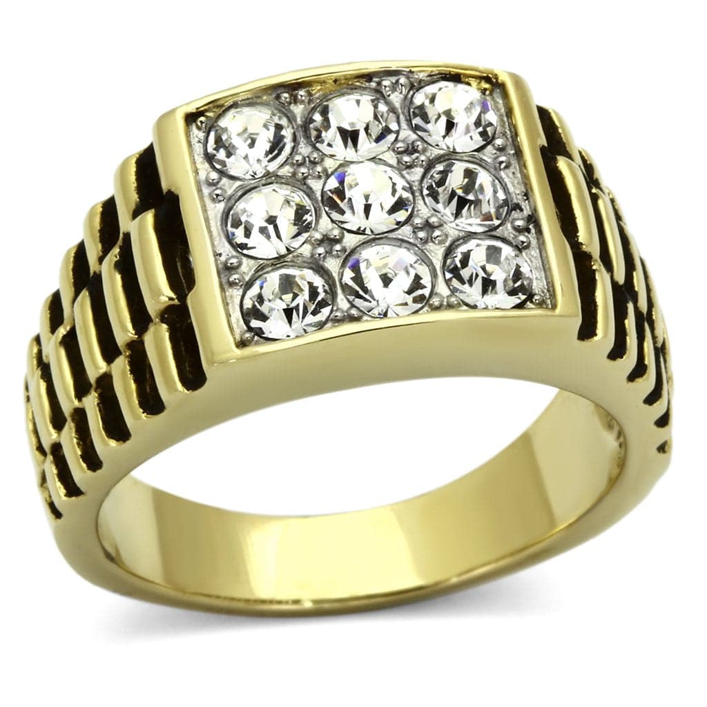 Stainless Steel Gold IP CZ Grid Pave Ribbed Square Mens Ring