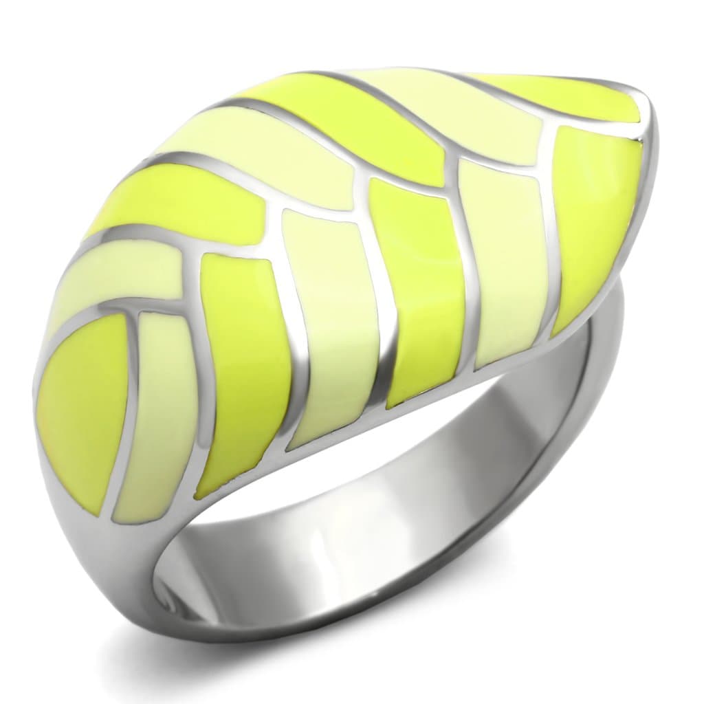 Stainless Steel Silver Yellow Green Enamel Leaf Wave Dome Ring