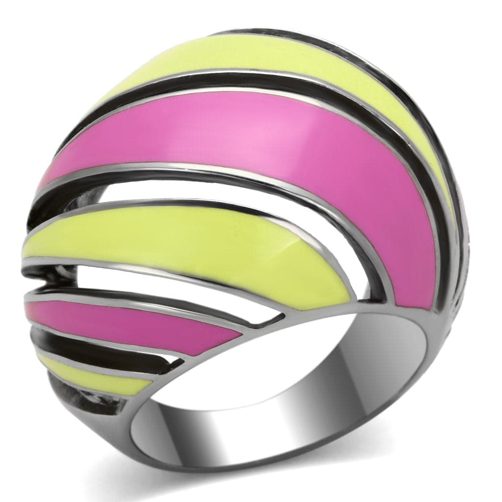 Stainless Steel Silver Pink Yellow Enamel Swirl Stripe Dome Ring