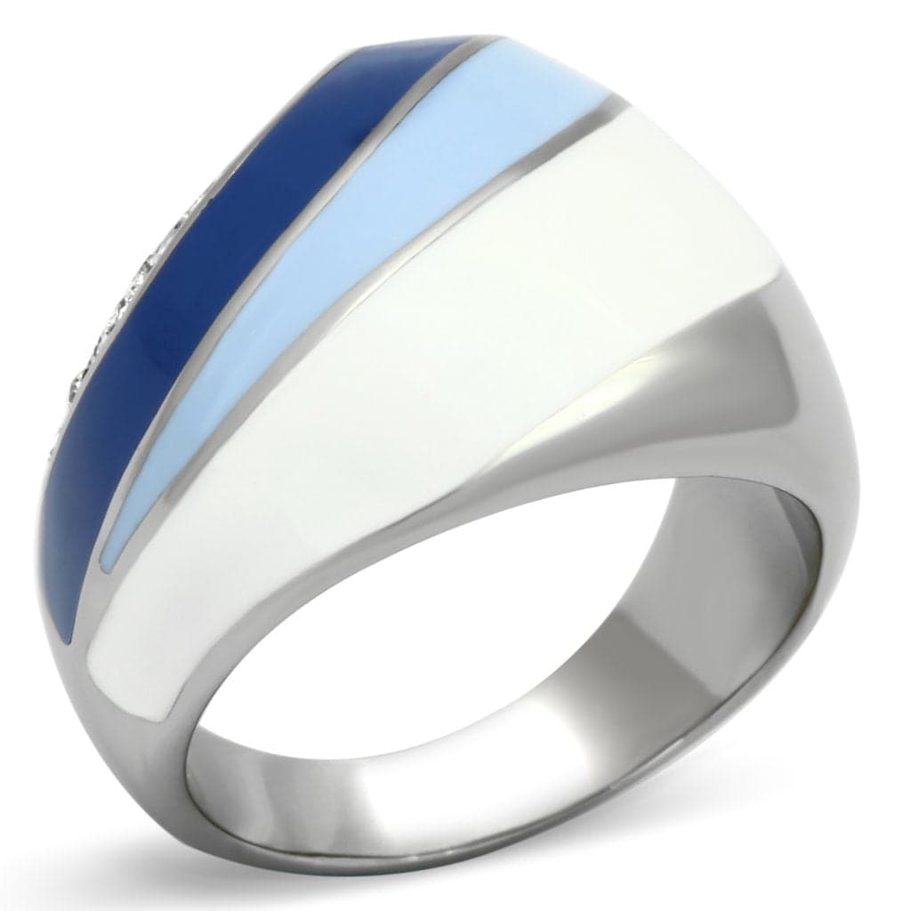 Stainless Steel Silver Blue White Enamel Stripe Dome Ring