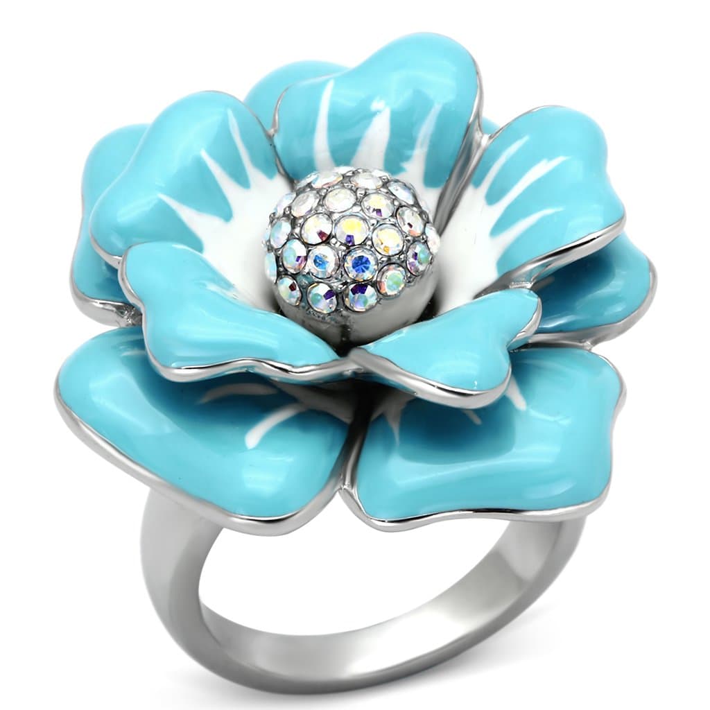 Stainless Steel Silver Blue Enamel Flower AB Crystal Center Ring