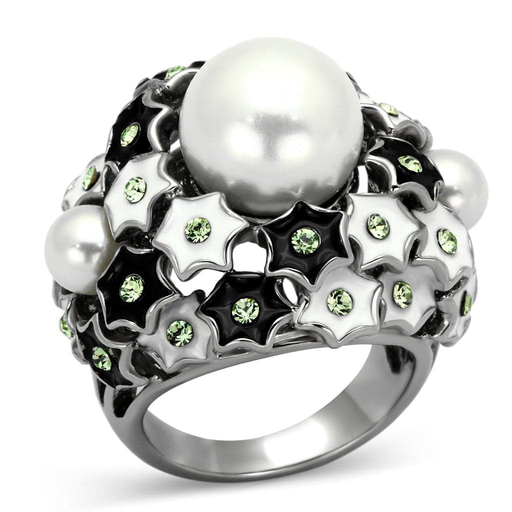 Stainless Steel Silver Pearl Green Crystal Black Enamel Ring