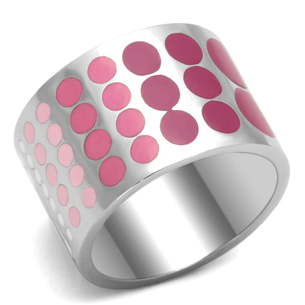 Stainless Steel Silver Pink Polka Dot Enamel Wide Band Ring