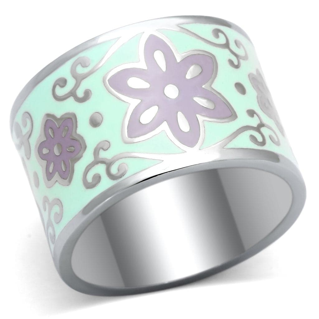 Stainless Steel Silver Mint Purple Floral Enamel Wide Band Ring