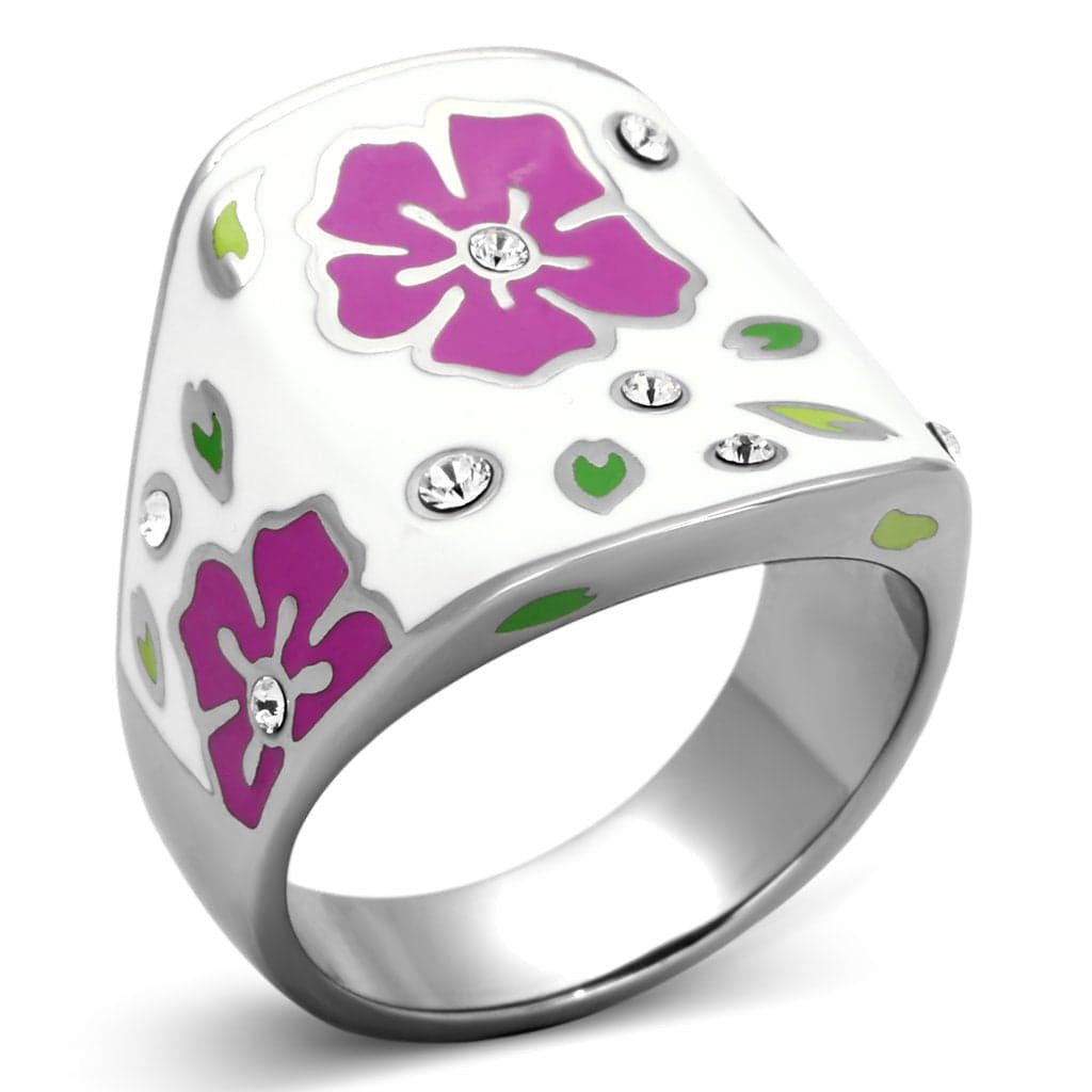 Stainless Steel Silver White Enamel Pink Flower CZ Dome Ring