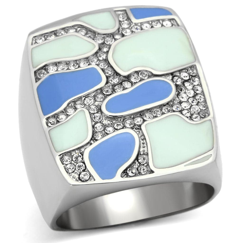Stainless Steel Silver Blue Mint Enamel CZ Pave Mosaic Ring