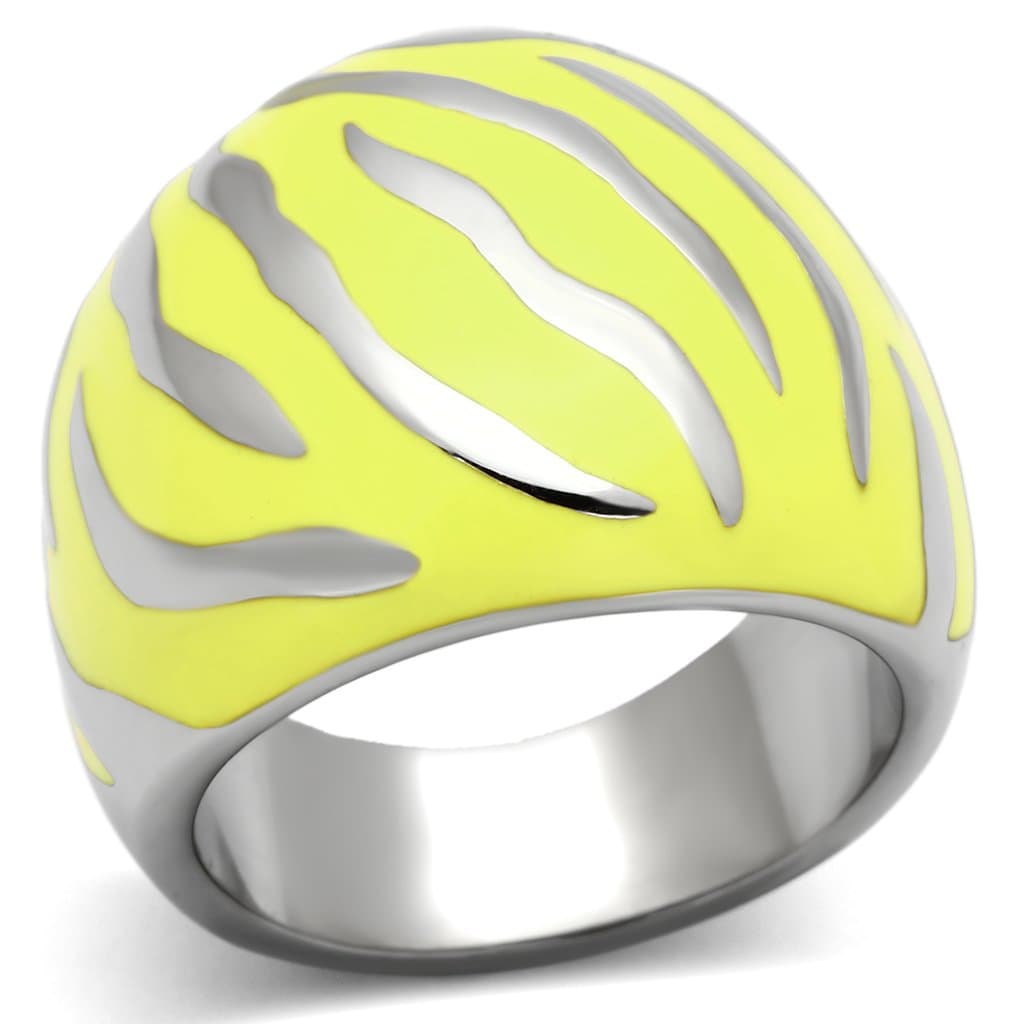 Stainless Steel Silver Yellow Enamel Zebra Leaf Dome Ring