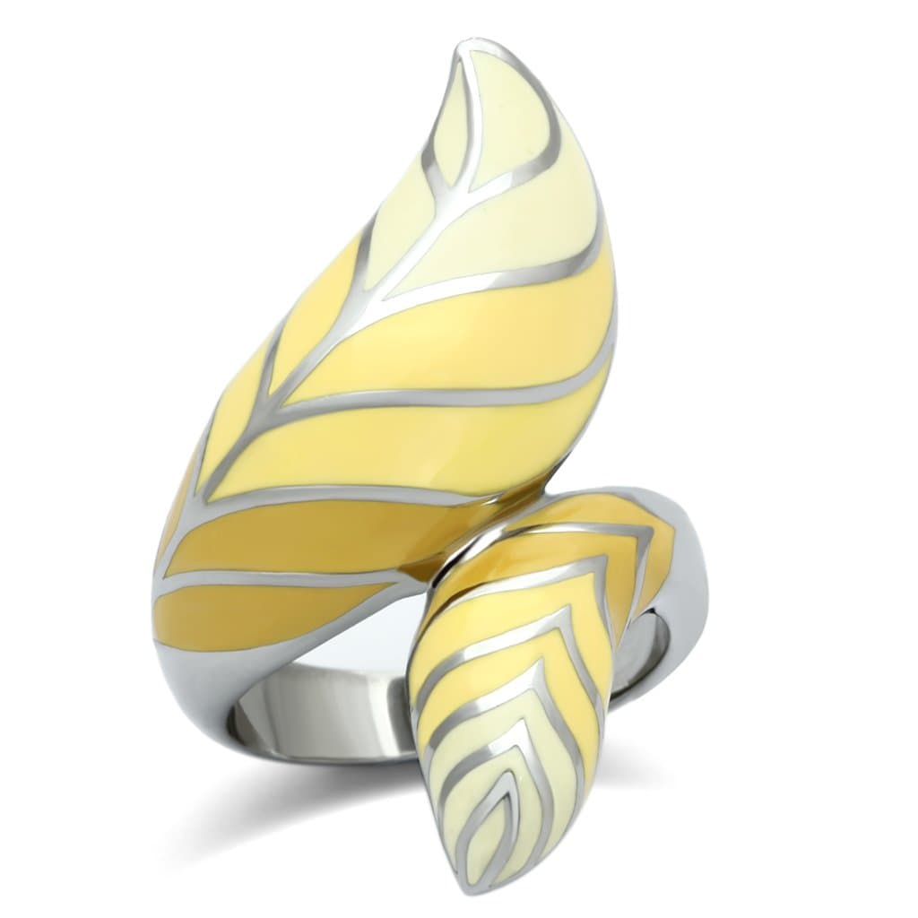 Stainless Steel Silver Yellow Enamel Leaf Feather Wrap Ring