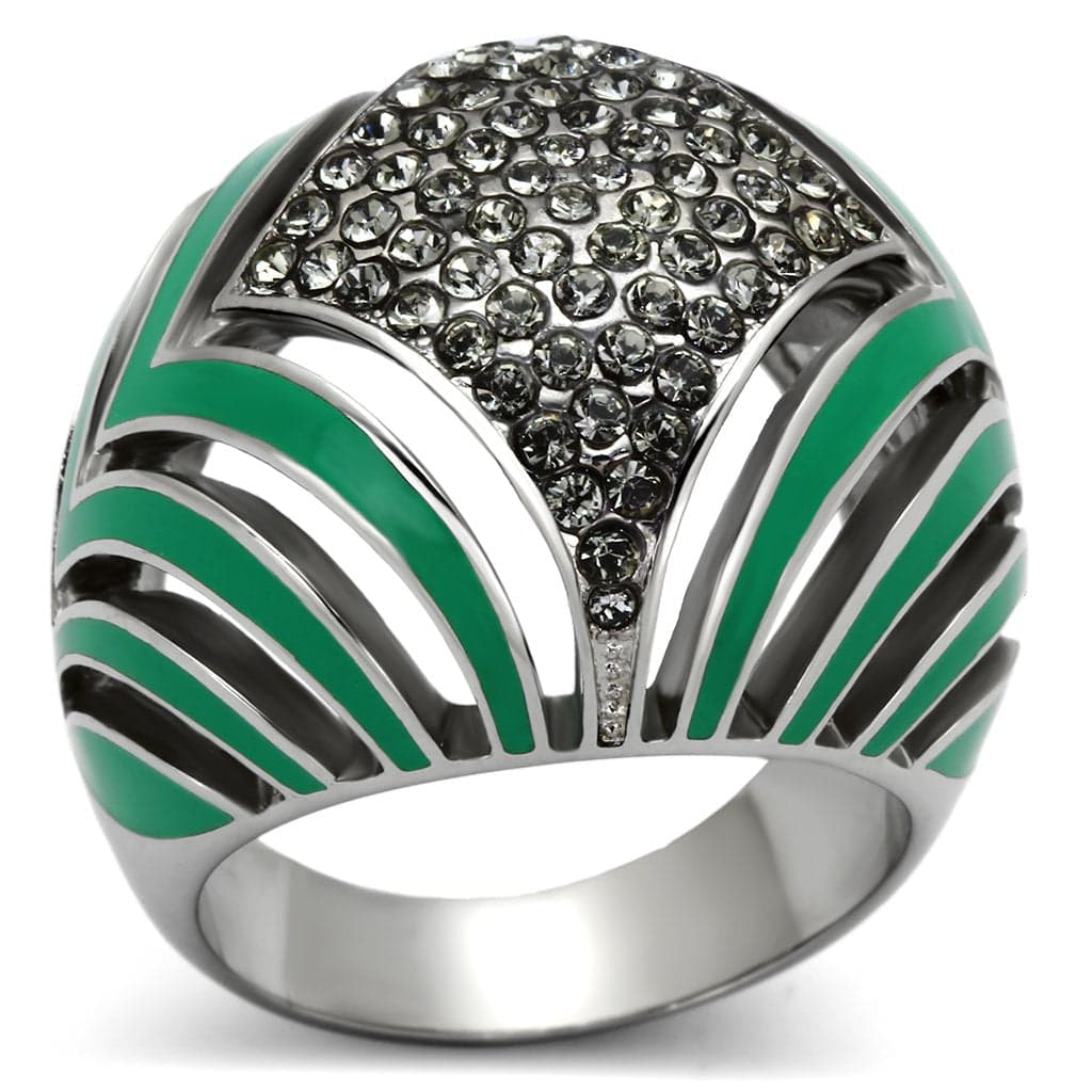 Stainless Steel Silver Green Black Enamel Crystal Pave Art Ring