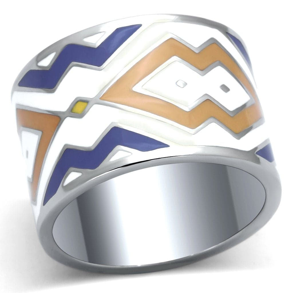 Stainless Steel Silver Blue Gold Enamel Chevron Zigzag Wide Ring