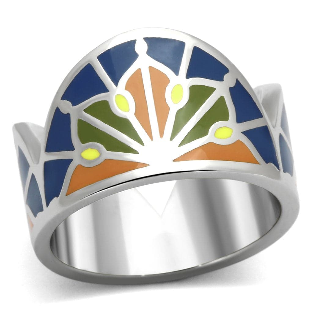 Stainless Steel Silver Blue Orange Green Enamel Stained Ring