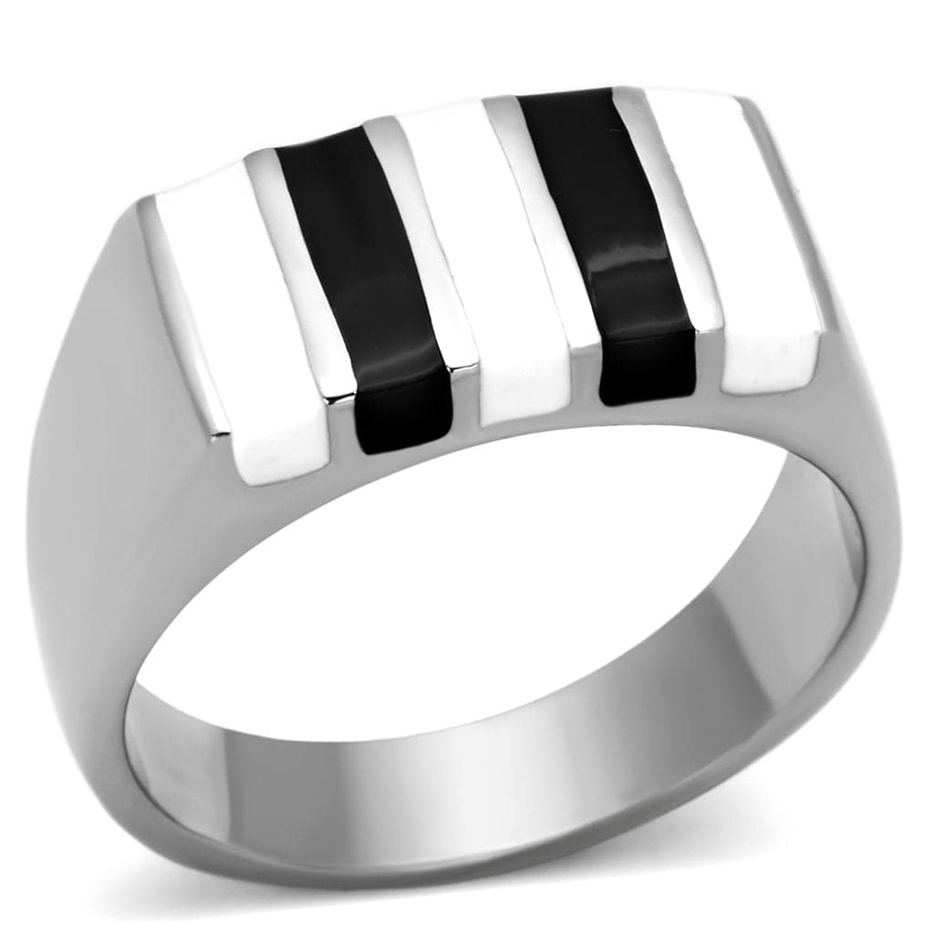 Stainless Steel Silver Black White Enamel Stripe Wide Band Ring