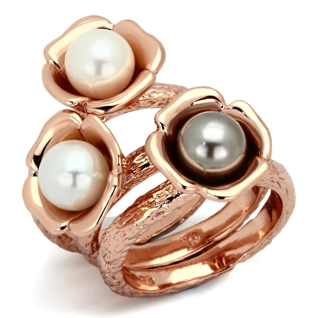 Stainless Steel Rose Gold IP Pearl Triple Flower Open Stack Ring