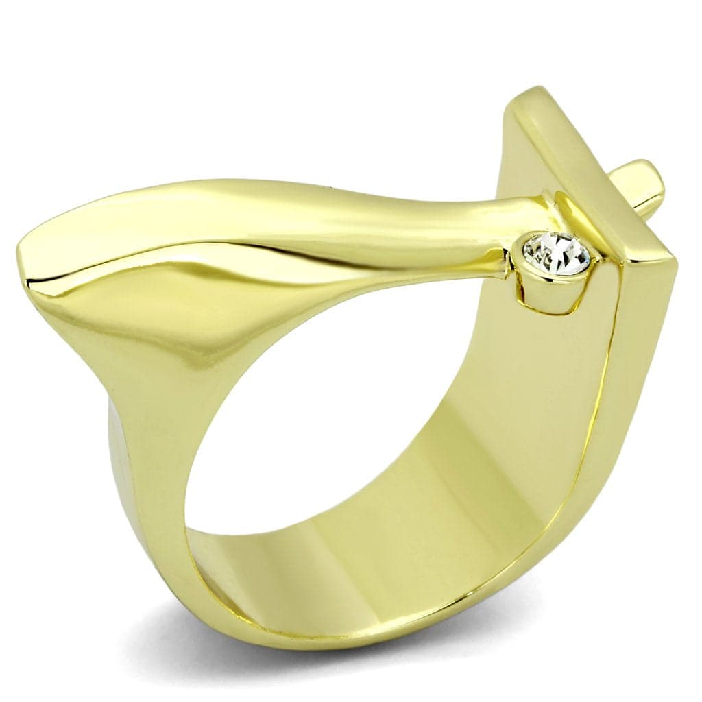 Stainless Steel Gold IP CZ Round Clear Modern Geometric Ring