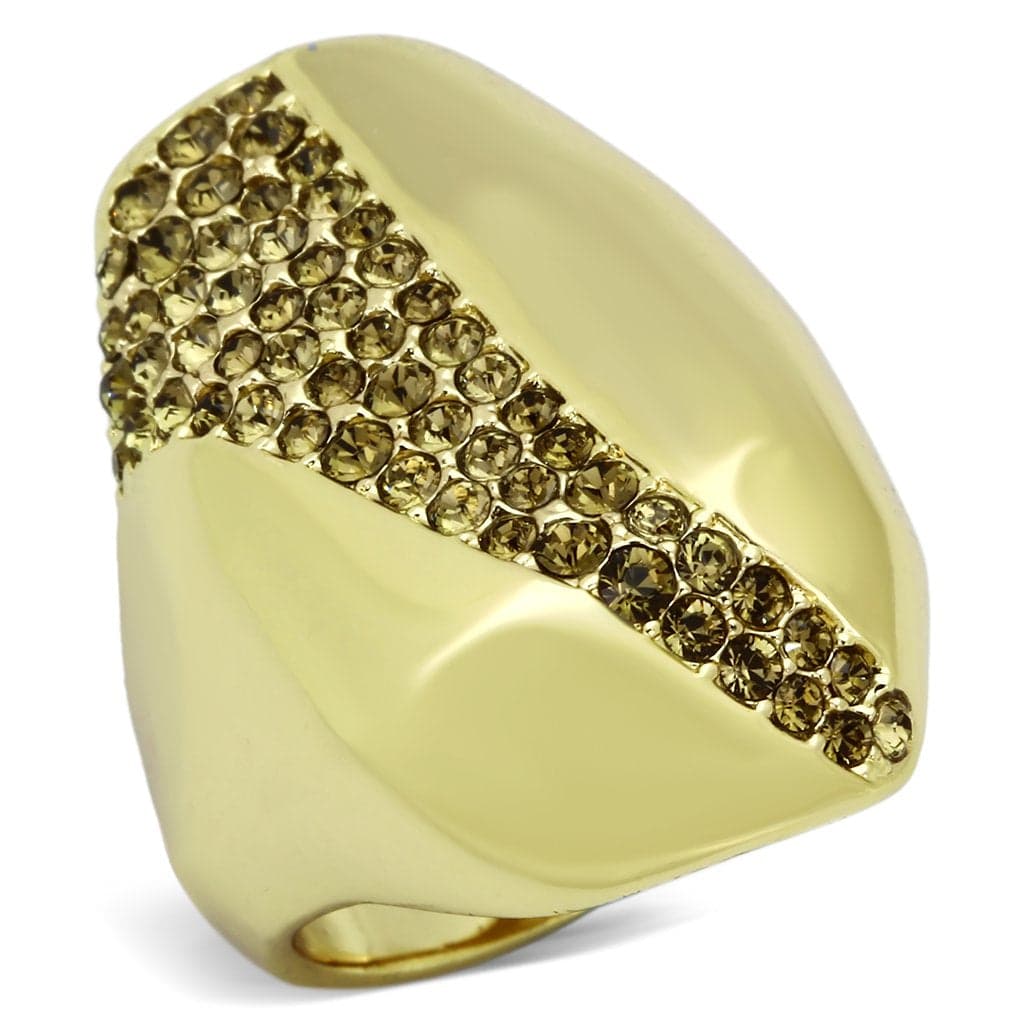 Stainless Steel Gold IP Champagne Crystal Pave Diagonal Dome Ring