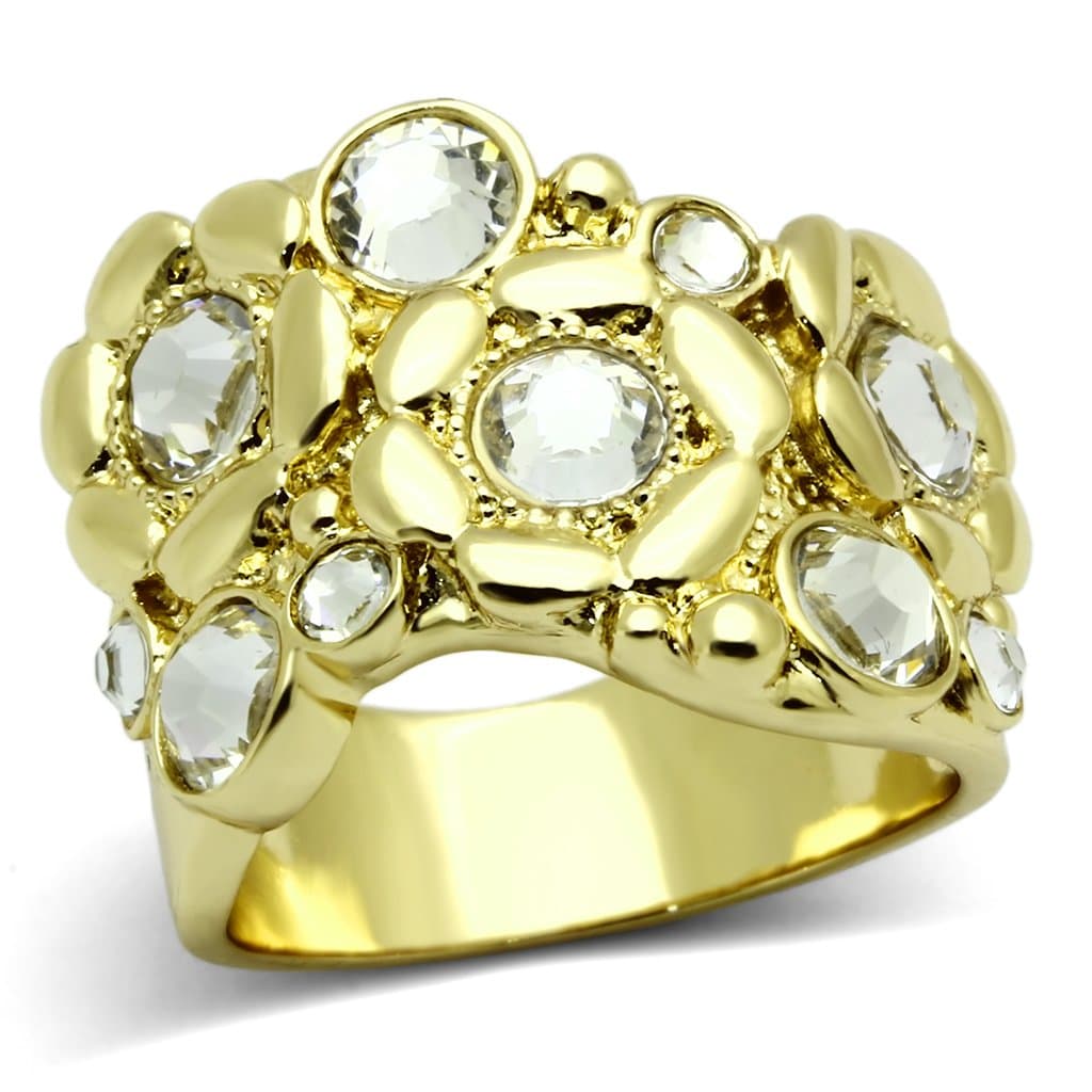 Stainless Steel Gold IP Clear Crystal Cluster Flower Wide Ring