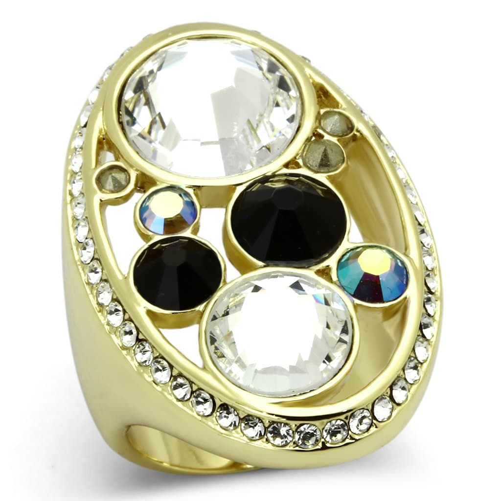 Stainless Steel Silver Multi Crystal Black Enamel Circle Ring