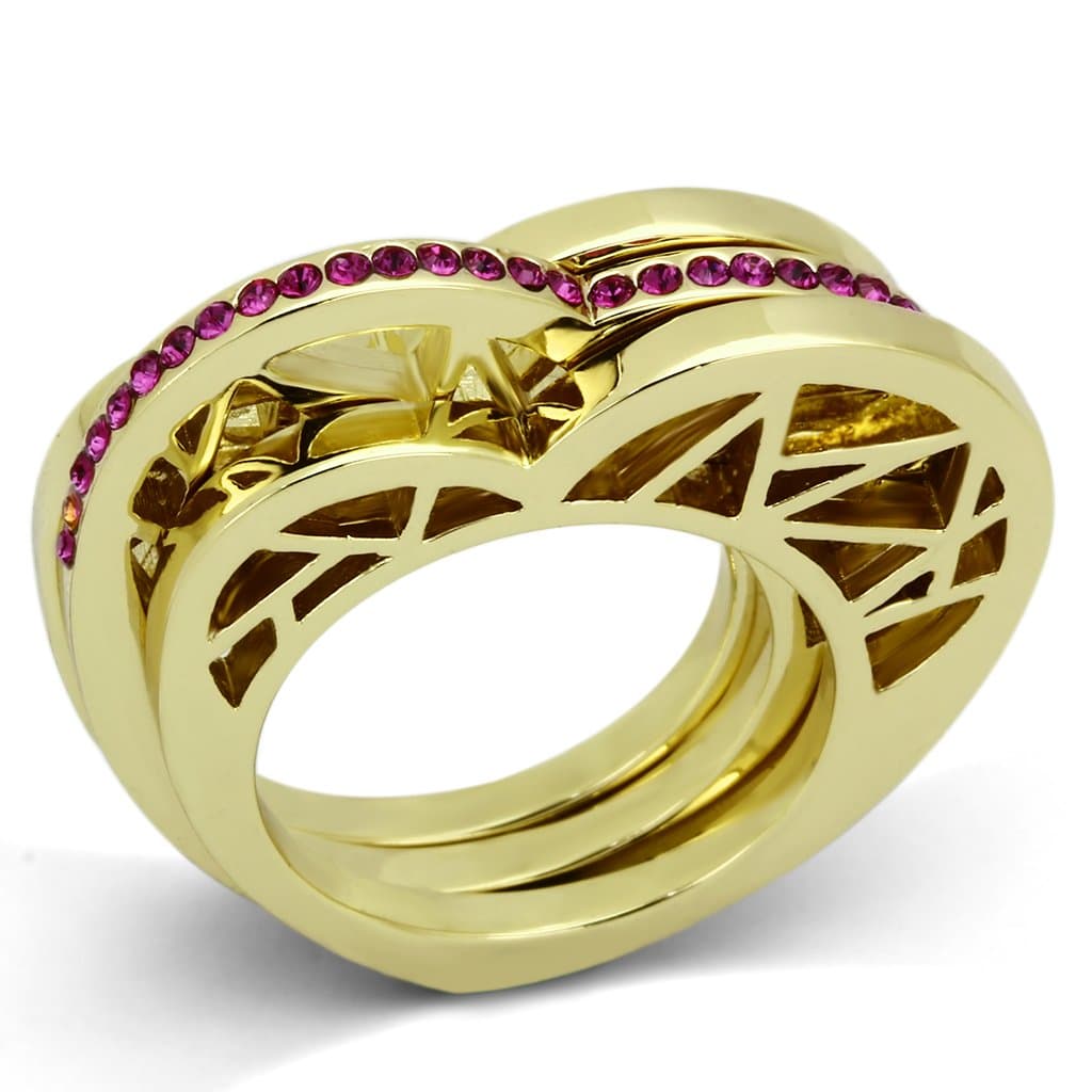 Stainless Steel Gold IP Pink Crystal Open Geometric Cage Ring