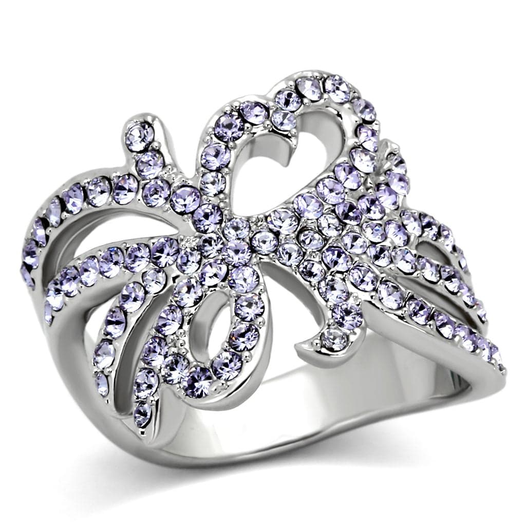 Stainless Steel Silver Purple Crystal Pave Bow Ribbon Ring