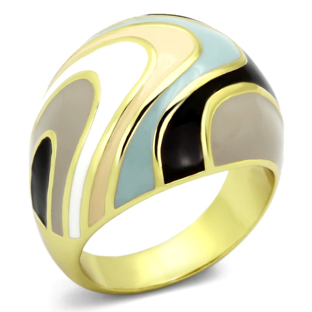 Stainless Steel Gold IP Teal Cream Black Enamel Abstract Ring