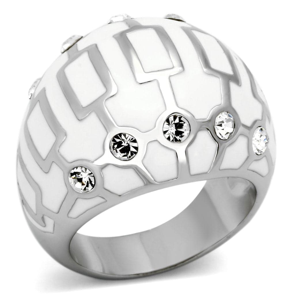 Stainless Steel Silver White Enamel Geometric CZ Accent Dome Ring