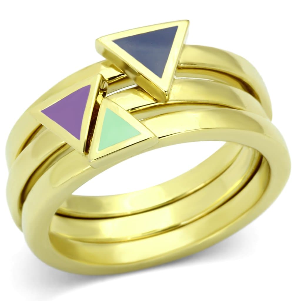 Stainless Steel Gold IP Purple Triangle Enamel Accent Stack Ring