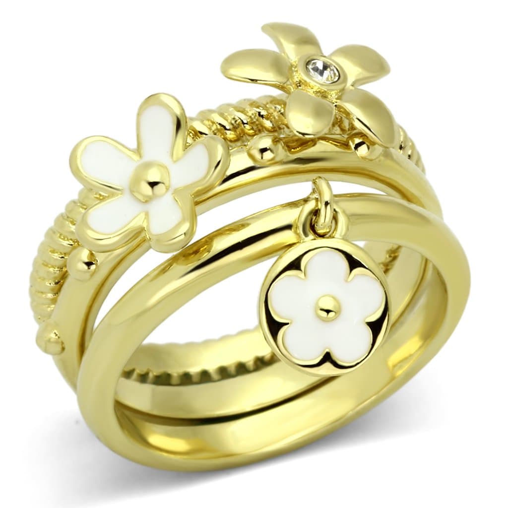 Stainless Steel Gold IP White Enamel Flower Charm Stack Ring