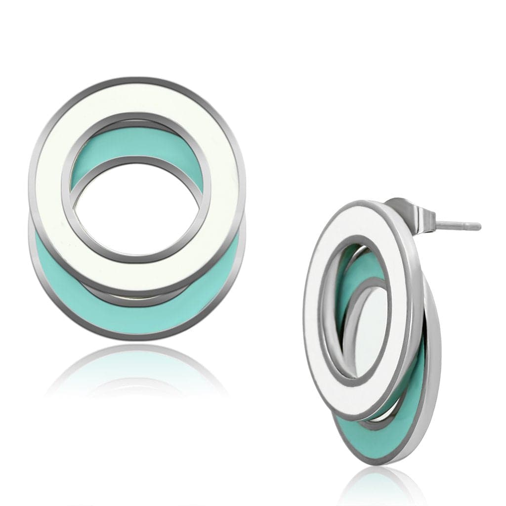 Stainless Steel Silver Teal White Enamel Concentric Earrings