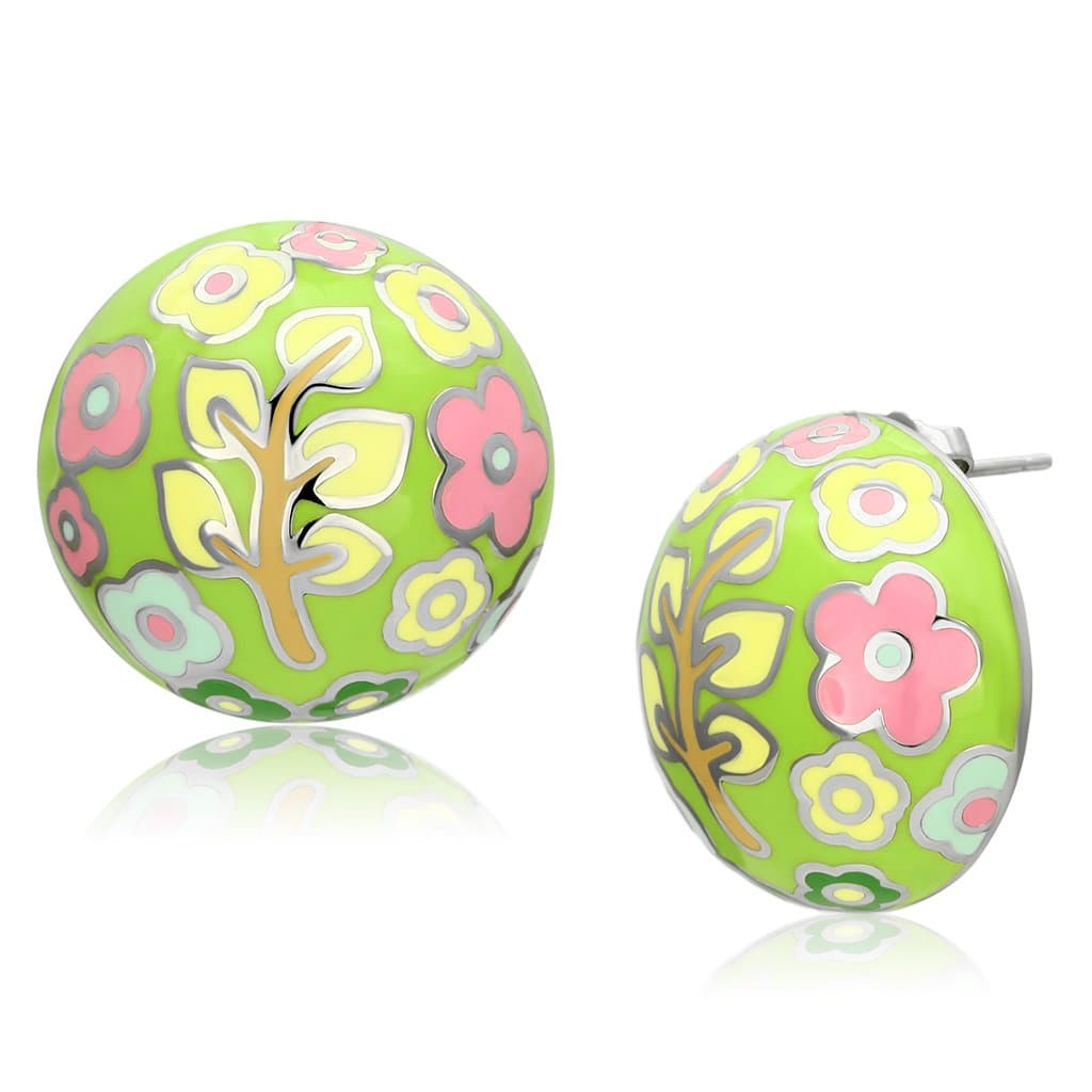 Stainless Steel Silver Green Enamel Multi Color Floral Earrings