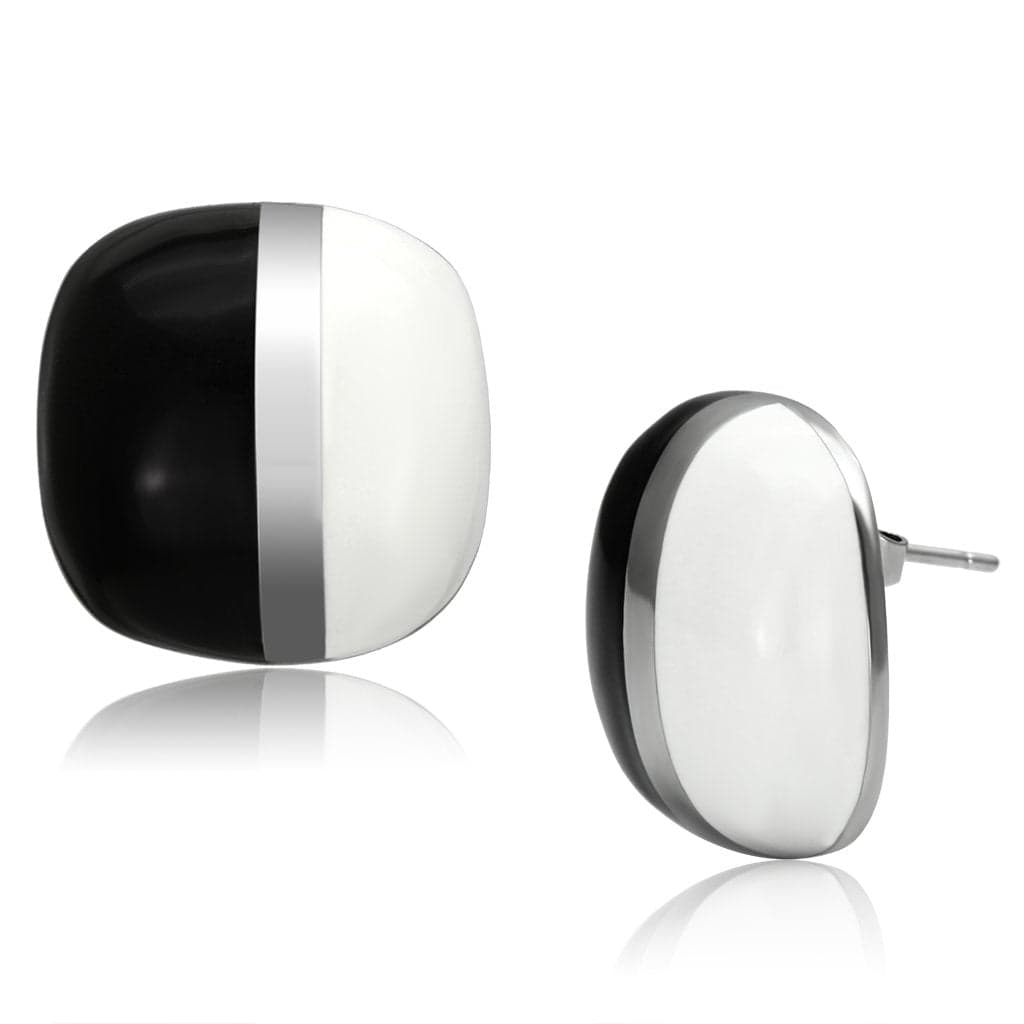 Stainless Steel Silver Black White Enamel Half Dome Stud Earrings