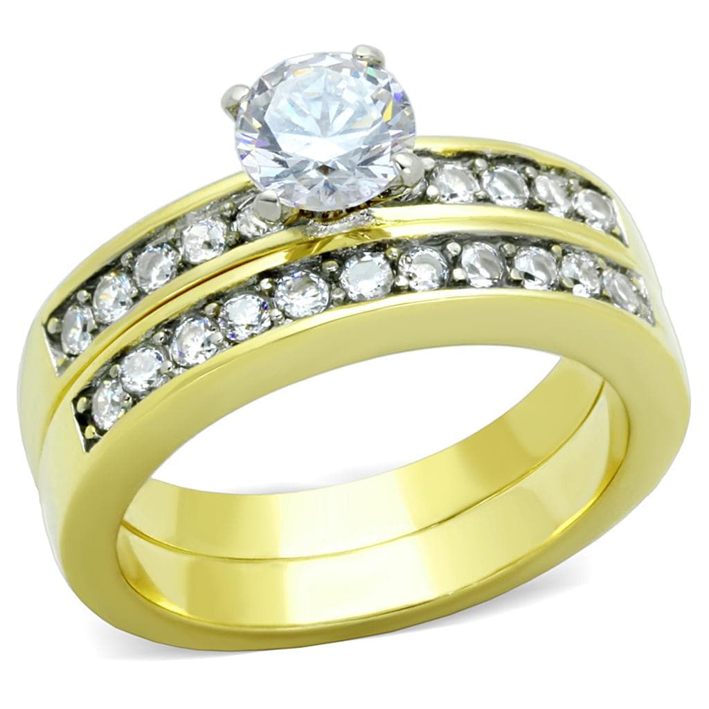Stainless Steel Gold IP CZ Round Solitaire Channel Bridal Ring