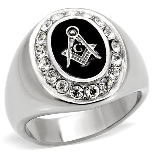 Stainless Steel Silver Masonic Oval CZ Halo Mens Signet Ring