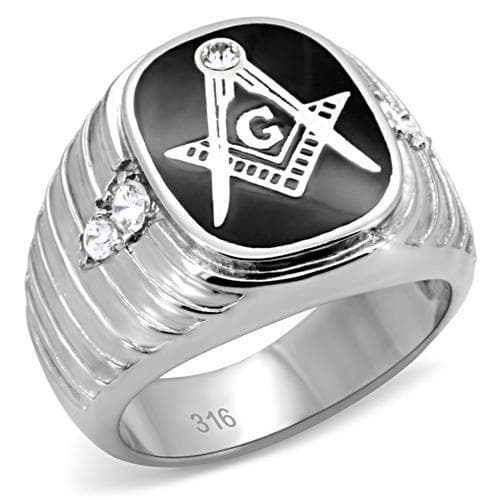 Stainless Steel Silver Masonic Ribbed CZ Side Mens Signet Ring