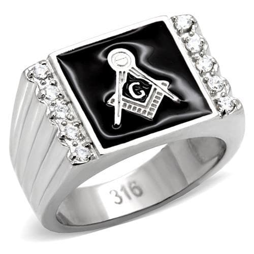 Stainless Steel Silver Masonic Rectangle CZ Channel Slim Ring