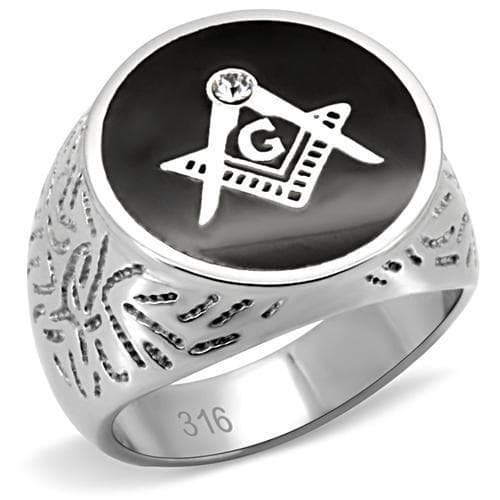 Stainless Steel Silver Masonic Round Ornate Carved Mens Ring