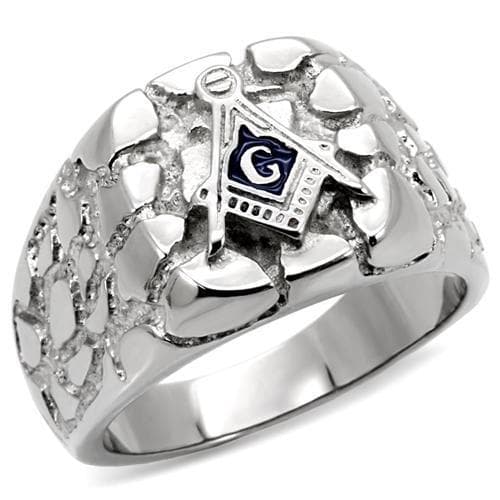 Stainless Steel Silver Masonic Nugget Texture CZ Mens Signet Ring