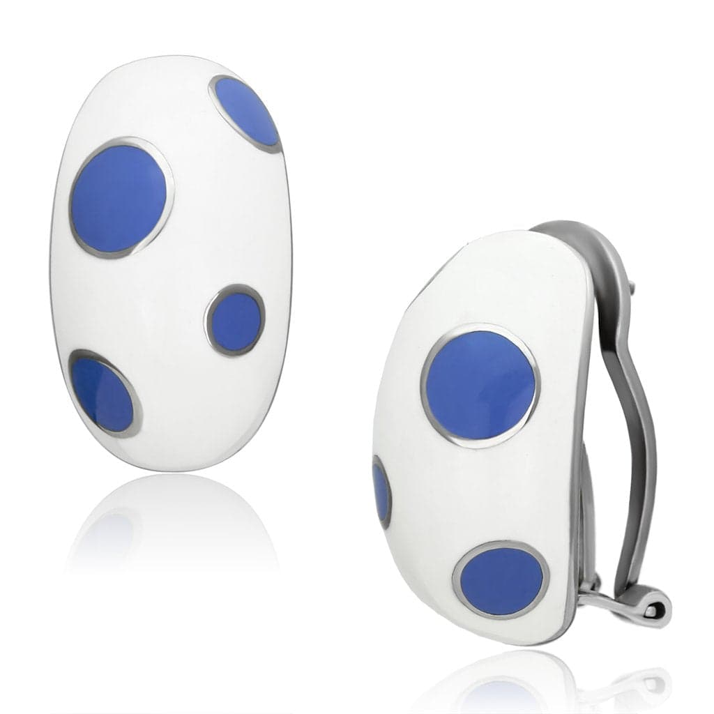 Stainless Steel Silver White Enamel Blue Polka Dot Oval Earrings