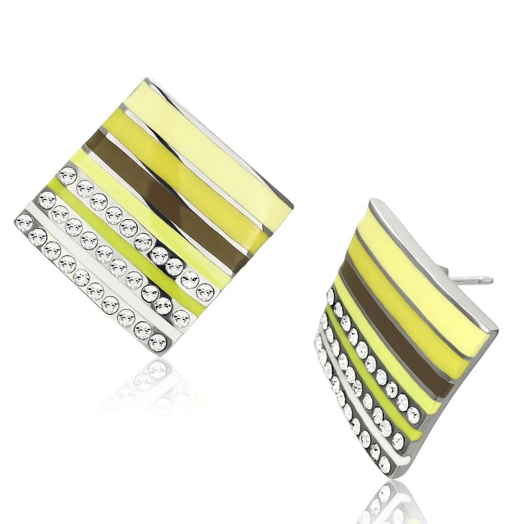 Stainless Steel Silver Yellow Enamel CZ Stripe Rectangle Earrings