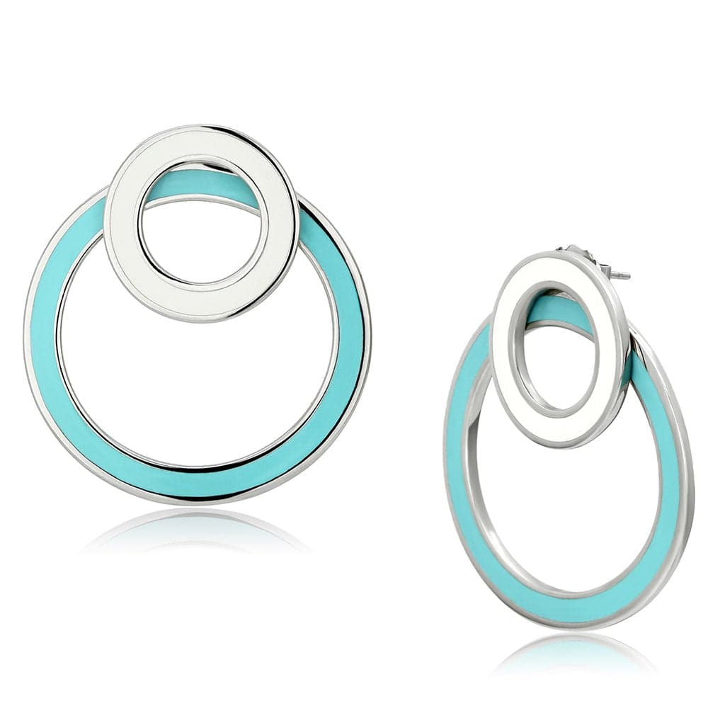 Stainless Steel Silver Teal Enamel Double Circle Hoop Earrings