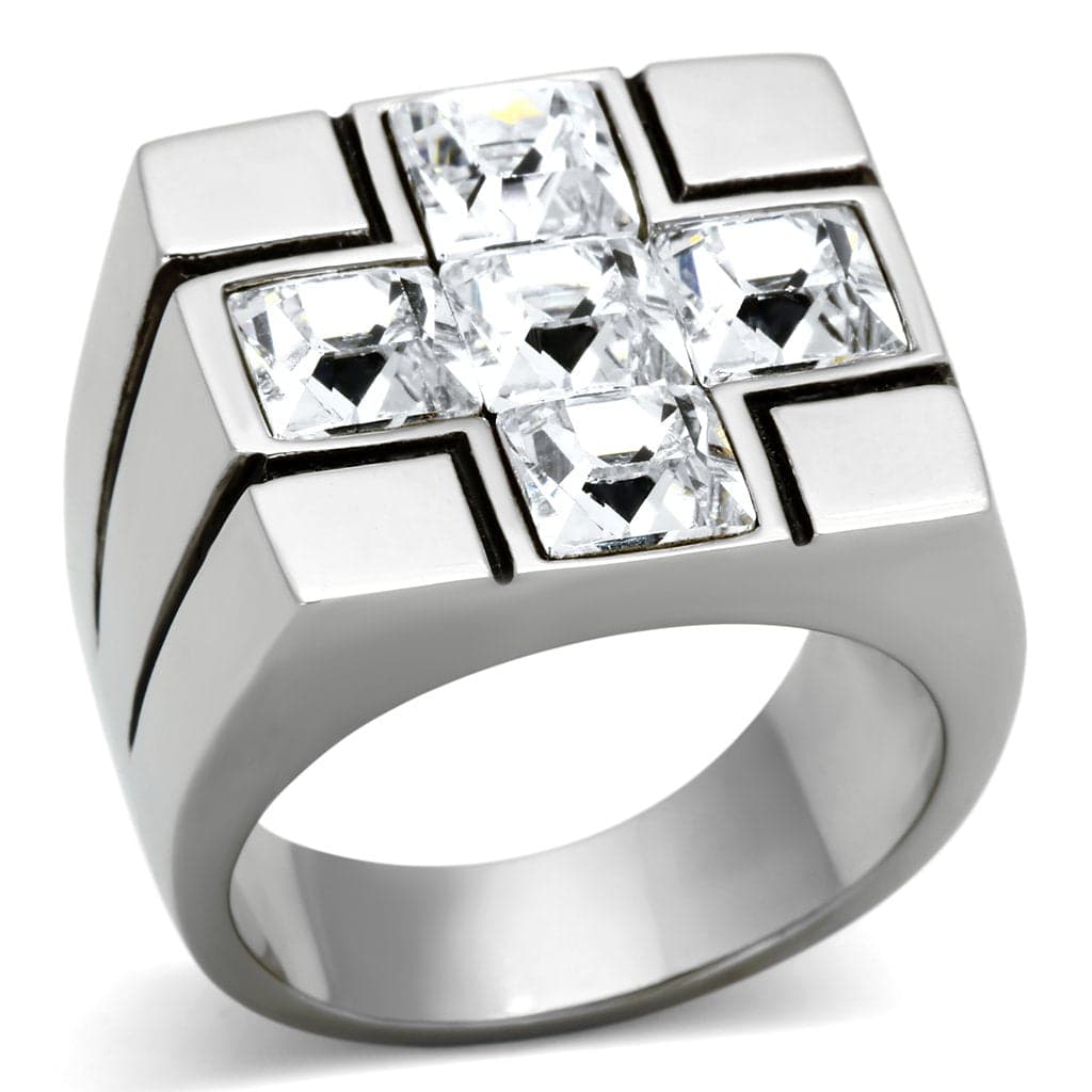 Stainless Steel Silver CZ Princess Four Stone Cross Square Ring