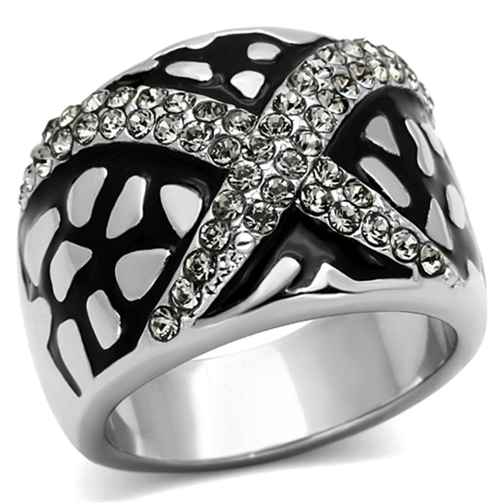 Stainless Steel Silver Black Enamel CZ Pave X Crossover Dome Ring