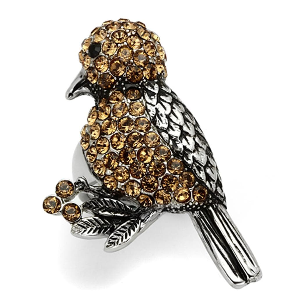 Stainless Steel Silver Amber Crystal Pave Bird Perched 3D Ring
