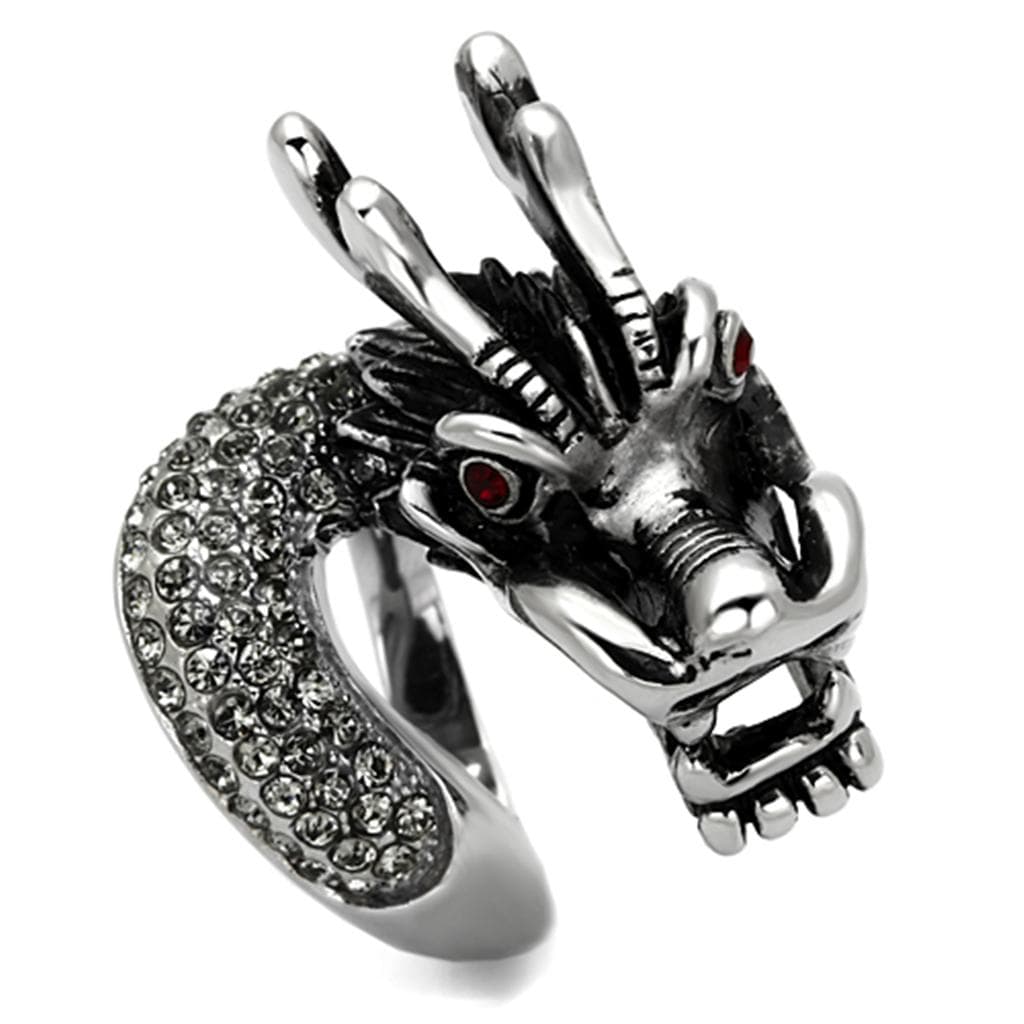 Stainless Steel Silver Oxidized Dragon Head Red Eyes Biker Ring